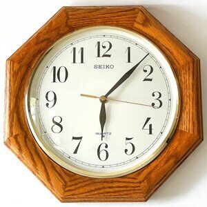 Vintage Seiko Quartz Wall Clock Octagonal Wood Frame Gold Rim White Dial